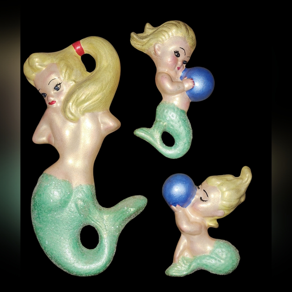 RARE Mermaid Ceramic Set /3 Vtg 50s 60s MCM Wall Hangings \ Chalkware